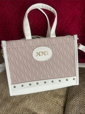 XOXO Vegan Blush Pink & White Satchel with Gold Logo Crystal Gems